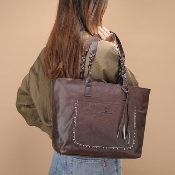 WEIMEIBAIGE LARGE BROWN FAUX LEATHER
TOTE BAG - Picture 1 of 12